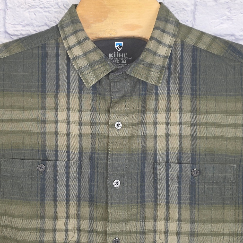 Kuhl Mens Fugitive Plaid Long Sleeve Button Flannel Shirt Green Grey Sz Medium